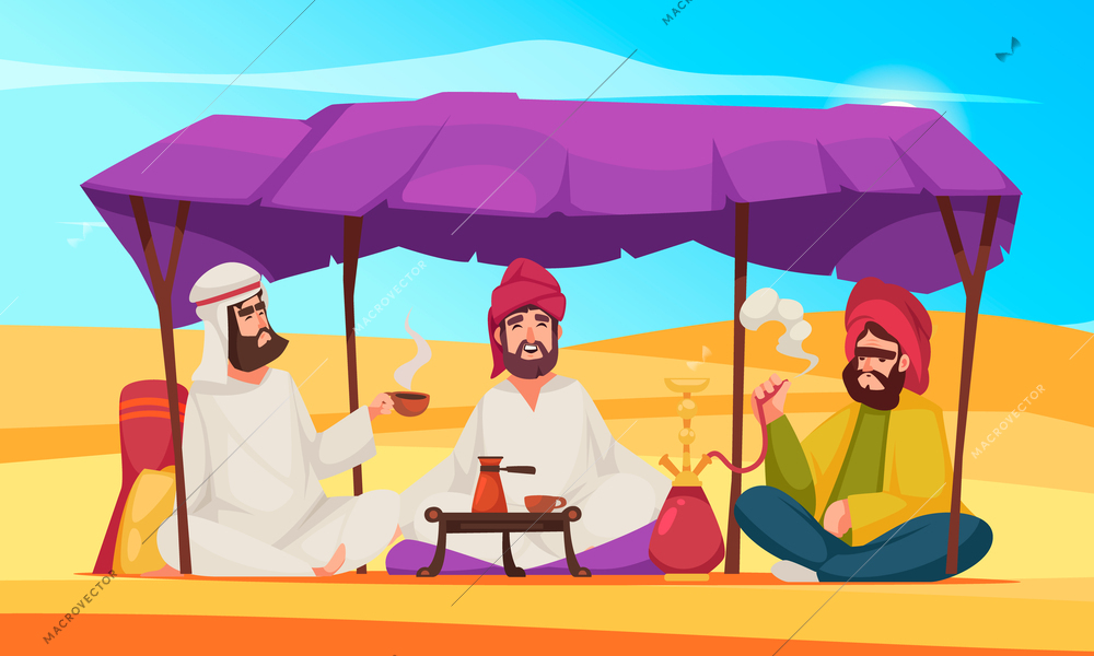 Desert life cartoon scene with people in traditional clothes drinking coffee and smoking hookah vector illustration