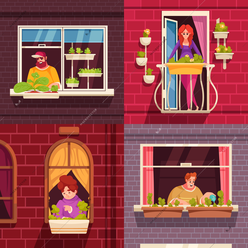 Urban gardening 2x2 set with people growing plant in windowsill isolated vector illustration