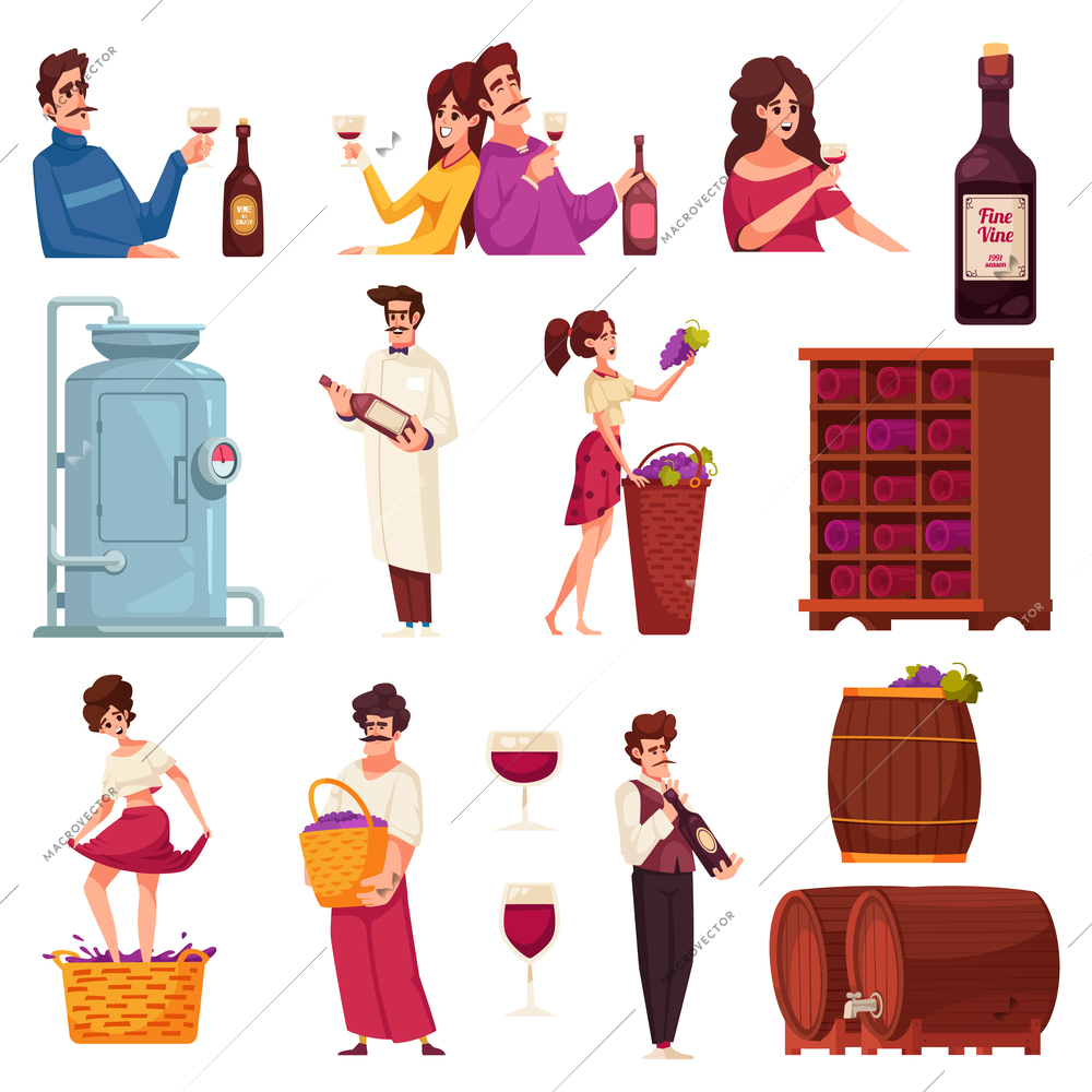 Wine cartoon icons set with production and drinking scenes isolated vector illustration