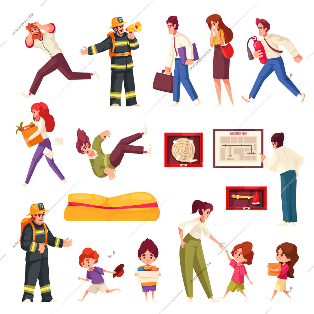 Evacuation cartoon icons set with childran and adults escaping emergency isolated vector illustration