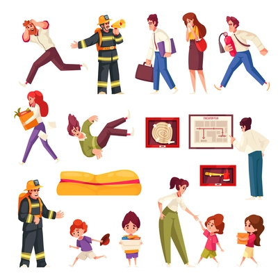 Evacuation cartoon icons set with childran and adults escaping emergency isolated vector illustration