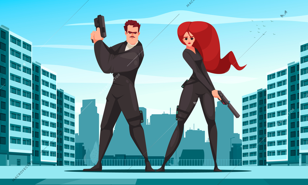 Super agent cartoon with couple in security guard clothing on city background vector illustration