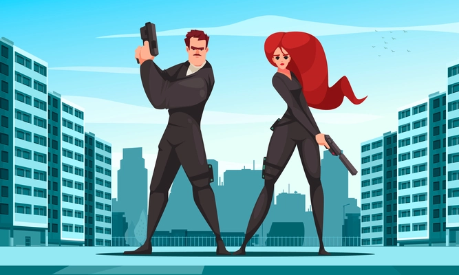 Super agent cartoon with couple in security guard clothing on city background vector illustration