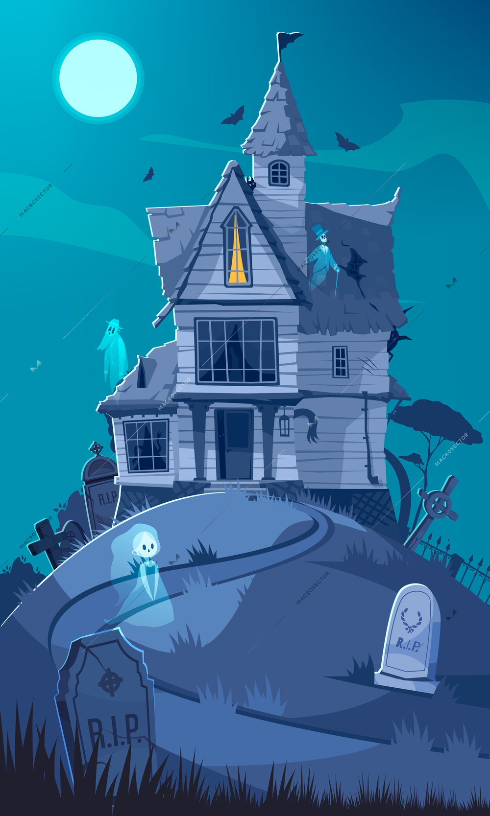 Scary house cartoon poster with horror building in moonlight vector illustration