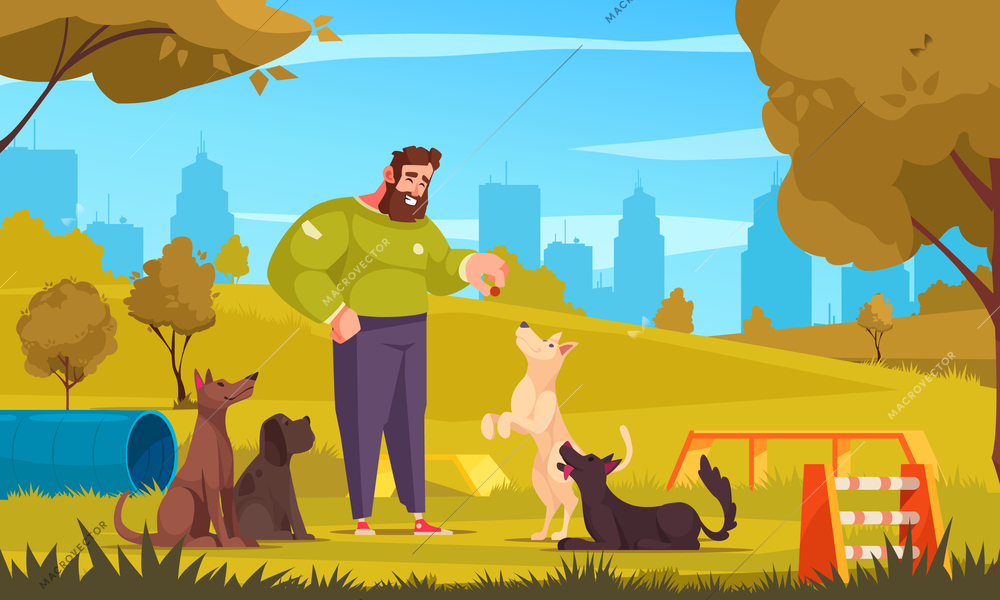 Dog playground cartoon concept with man training doggies outside vector illustration