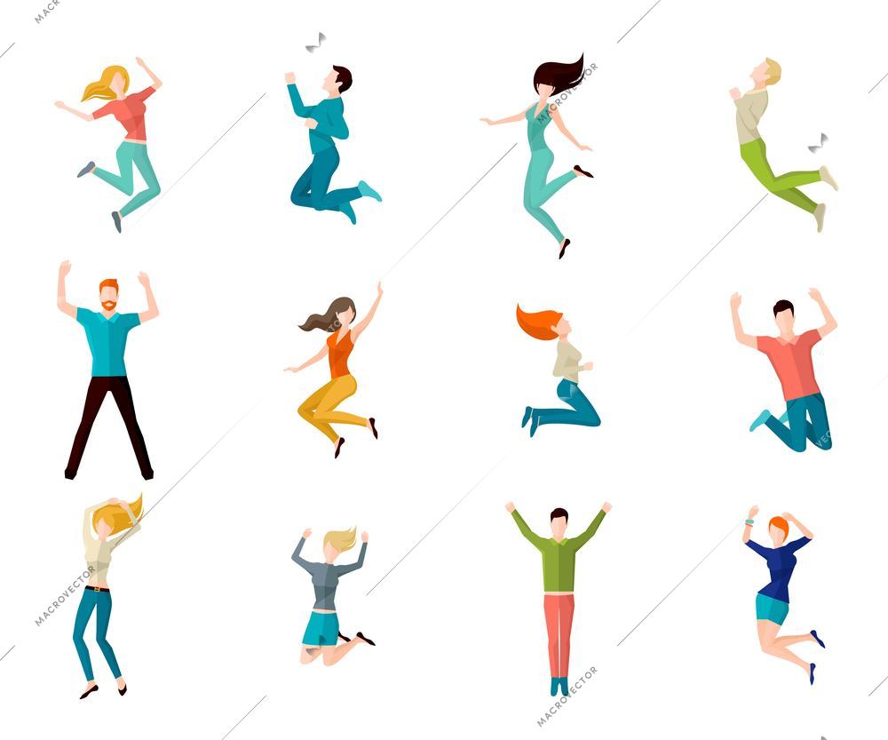 Jumping high male and female people avatar set isolated vector illustration
