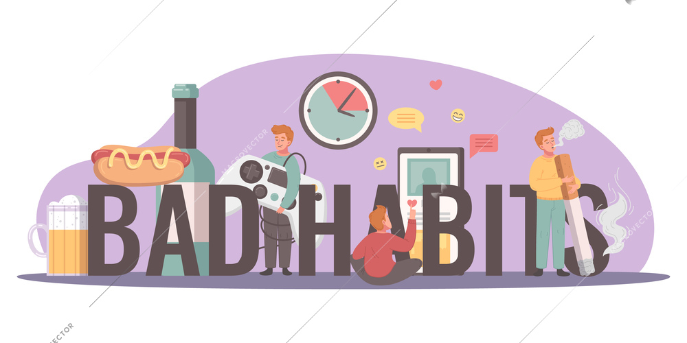 Bad habits cartoon concept with people holding unhealthy addiction symbols vector illustration
