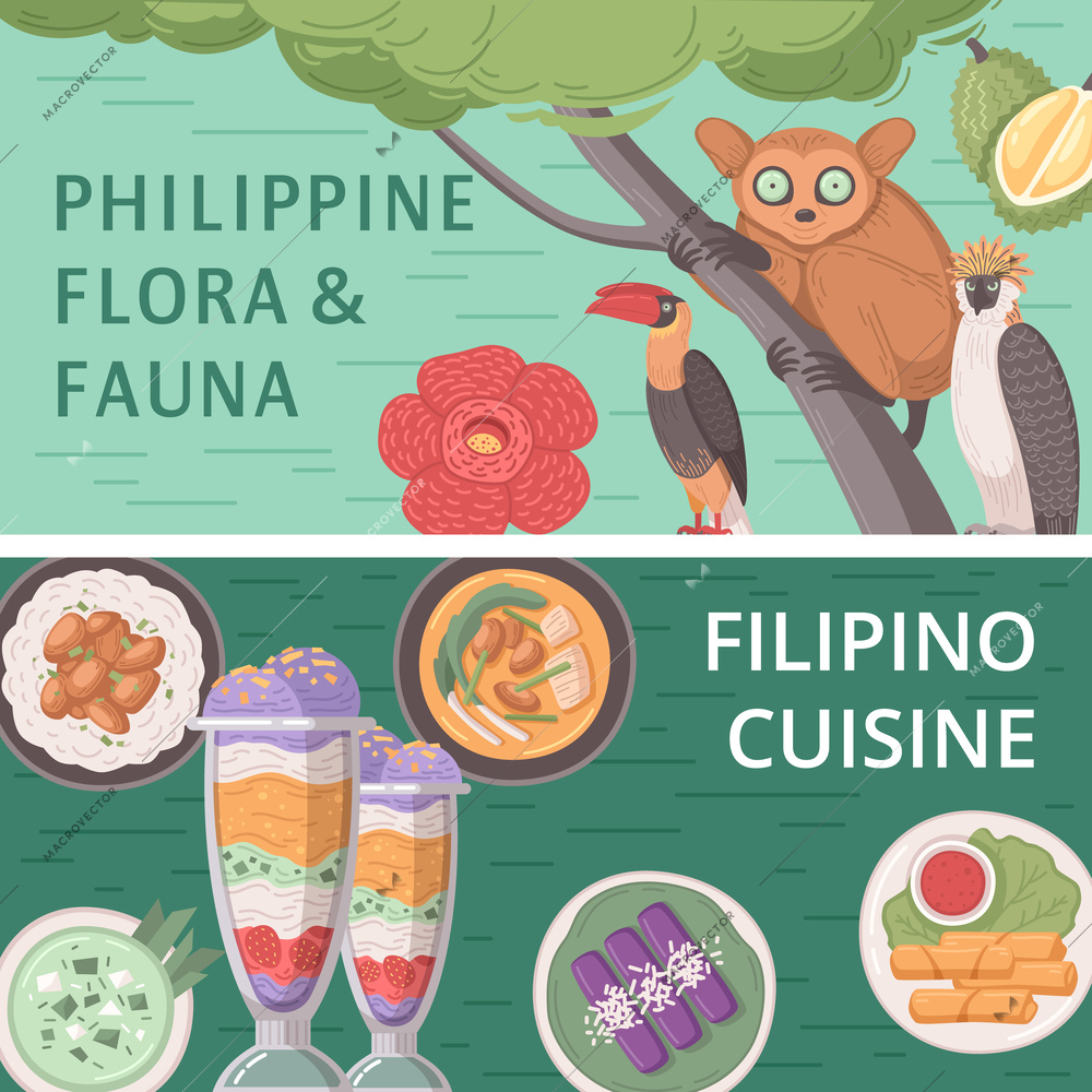 Philippines travel cartoon banner set with traditional cuisine and natural attractions isolated vector illustration