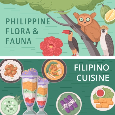 Philippines travel cartoon banner set with traditional cuisine and natural attractions isolated vector illustration