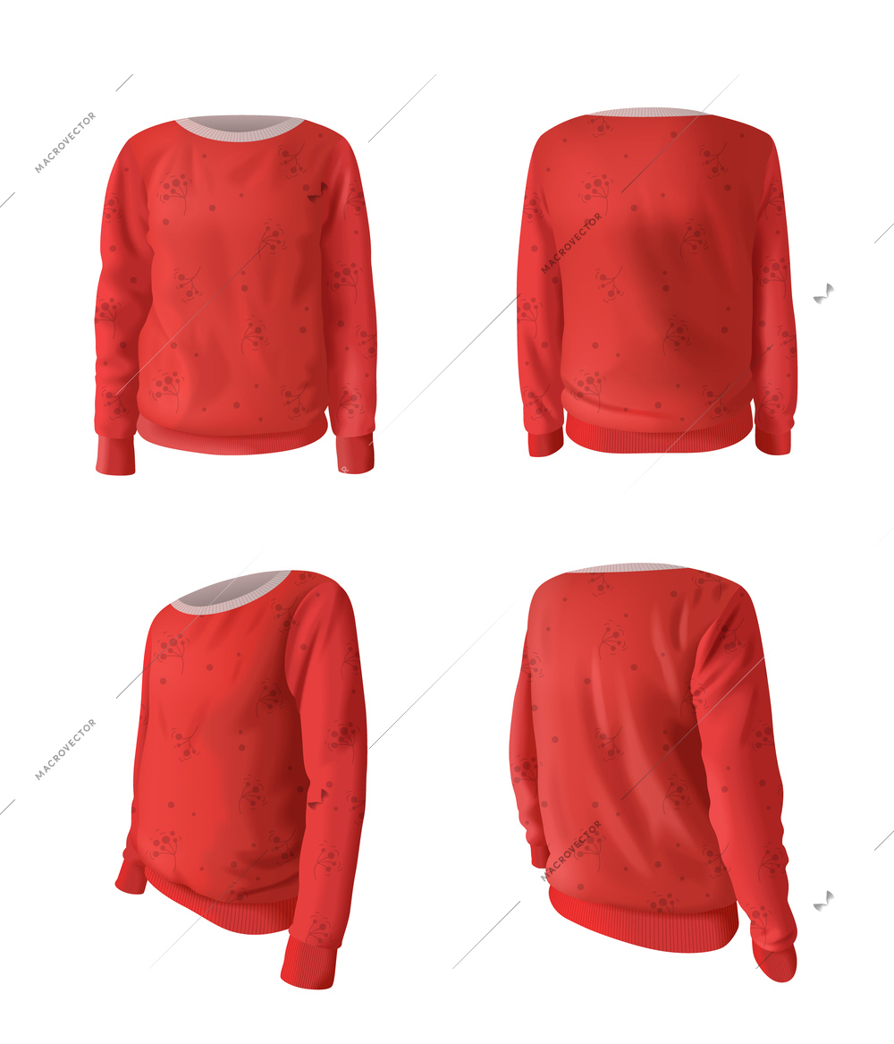 Unisex sweatshirt realistic mockup set in red color isolated vector illustration