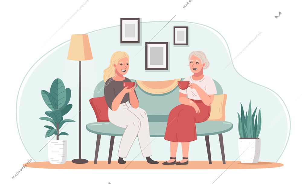 Elderly care cartoon concept with women drinking tea indoors vector illustration