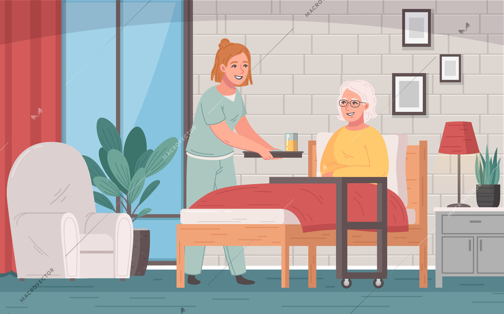 Elderly care cartoon concept with caregiver in uniform and old woman in bed vector illustraion