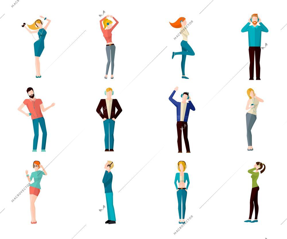 Male and female people listening to the music and dancing avatar icons set isolated vector illustration