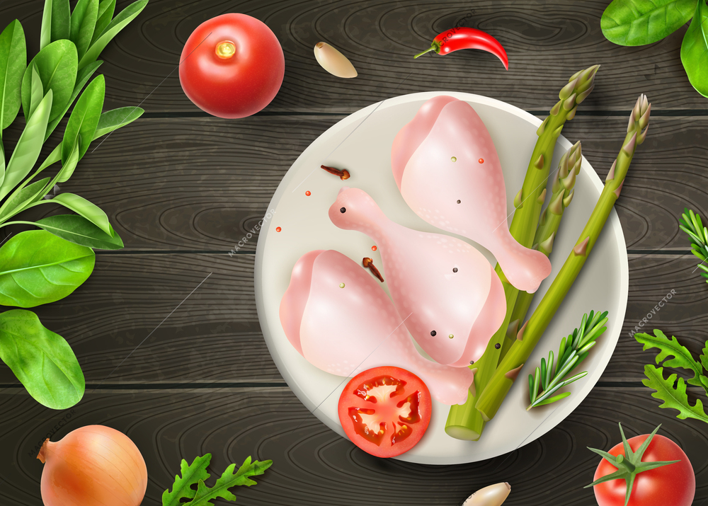 Realistic raw chicken legs with garnish on plate top view against wooden surface background vector illustration