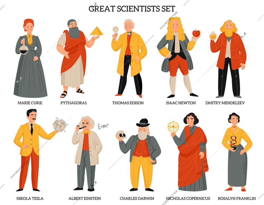 Great scientists set with pythagoras tesla mendeleev franklin newton edison darwin isolated on white background flat vector illustration