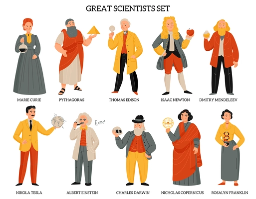 Great scientists set with pythagoras tesla mendeleev franklin newton edison darwin isolated on white background flat vector illustration