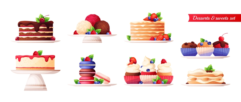 Flat desserts set of delicious cakes cheesecakes tiramisu cupcakes macaroons with berries and mint isolated vector illustration