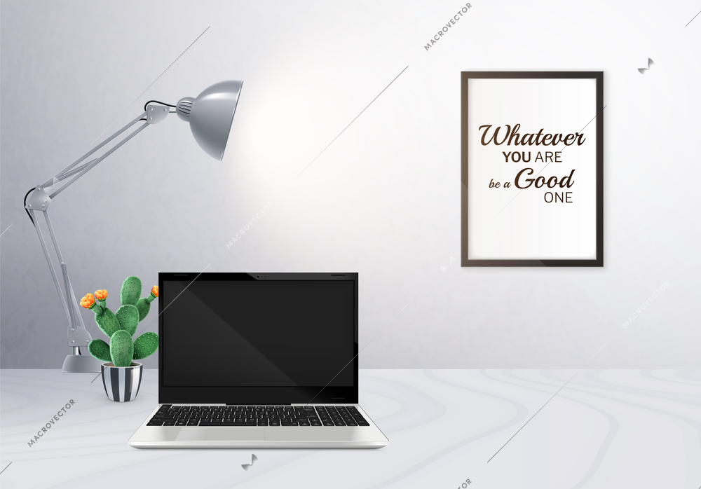 Realistic device mockup composition with blank screen laptop on grey surface desk with lamp cactus and poster on wall vector illustration