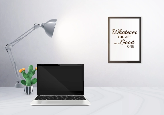 Realistic device mockup composition with blank screen laptop on grey surface desk with lamp cactus and poster on wall vector illustration