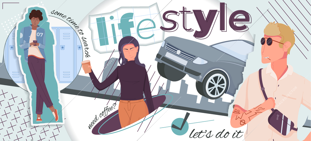 People lifestyle collage with car men and woman surfing net drinking coffee flat vector illustration