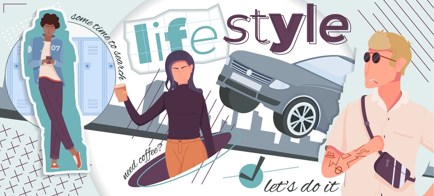 People lifestyle collage with car men and woman surfing net drinking coffee flat vector illustration