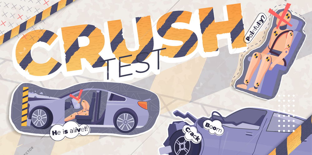 Crash text flat collage with dummies in seats of crashed cars vector illustration