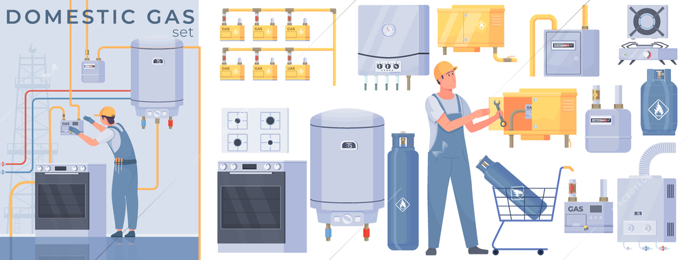 Domestic gas flat composition set with various household appliances and workers isolated vector illustration