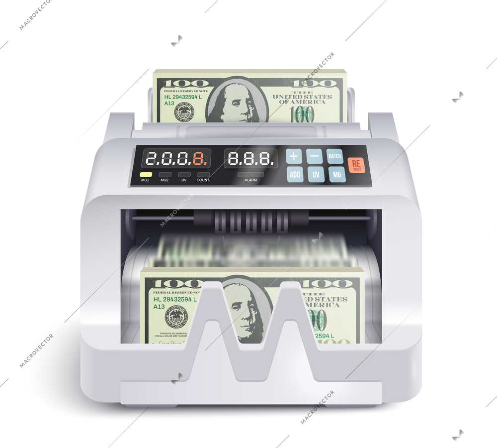 Realistic money counting machine composition with isolated front view of electronic banking apparatus on blank background vector illustration