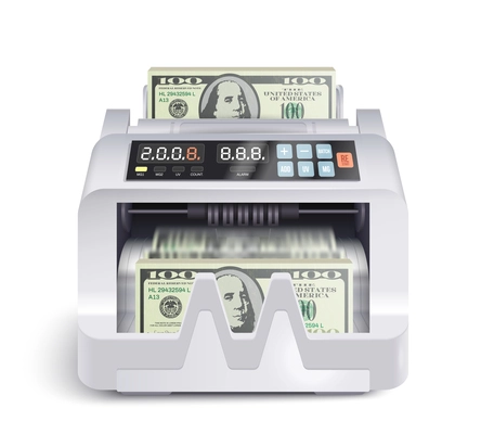 Realistic money counting machine composition with isolated front view of electronic banking apparatus on blank background vector illustration