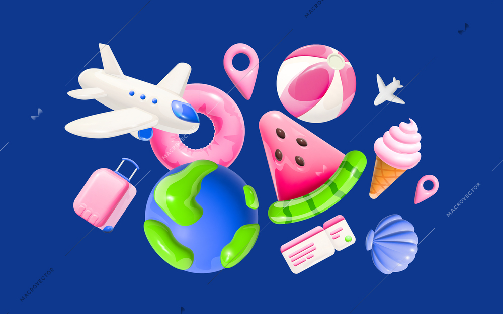 Travel abstract background with plane suitcase globe tickets lifebuoy volleyball ball ice cream seashell cartoon icons vector illustration