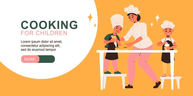 Cooking for children horizontal banner with female professional chef teaching little kids to decorating cakes vector illustration