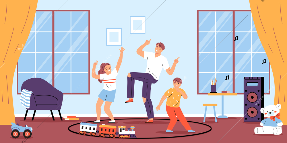 Happy dad having fun with his kids dancing in children room with various toys around flat vector illustration