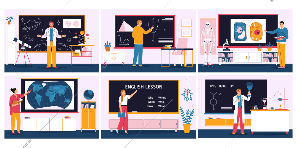 Male and female school teachers of astronomy maths biology geography english and chemistry at blackboard flat color set isolated vector illustration