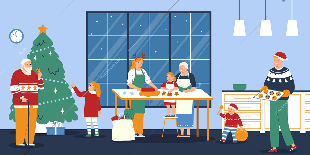 Preparing for celebration of christmas flat background with family cooking traditional festive cookies vector illustration
