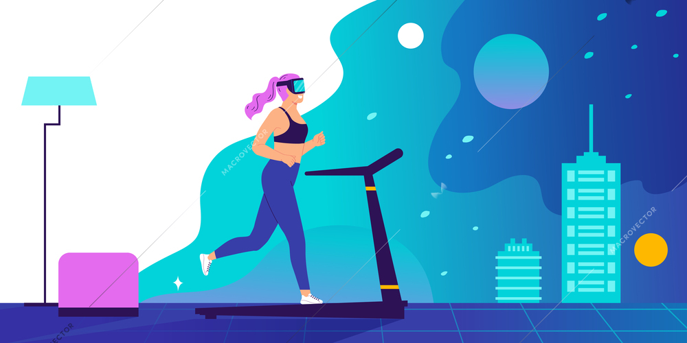 Augmented reality background with girl in VR glasses connected to virtual space flat vector illustration