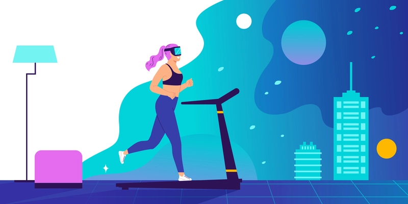 Augmented reality background with girl in VR glasses connected to virtual space flat vector illustration