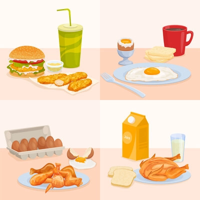 Chicken products flat set of square compositions with served food made with poultry eggs and fastfood vector illustration