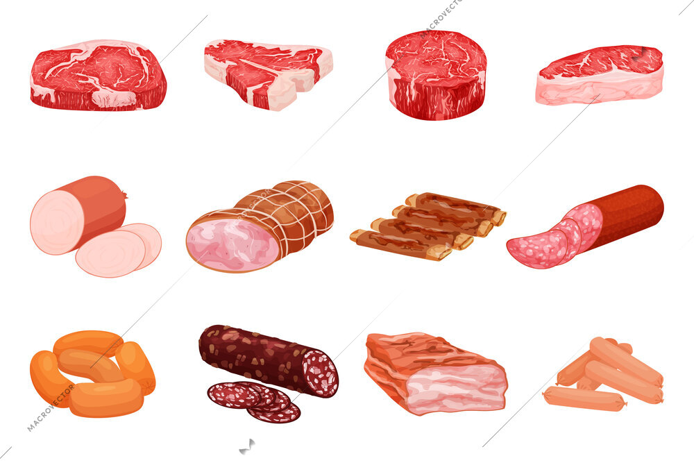 Meat products flat set with isolated images of raw steaks sausages and bacon on blank background vector illustration