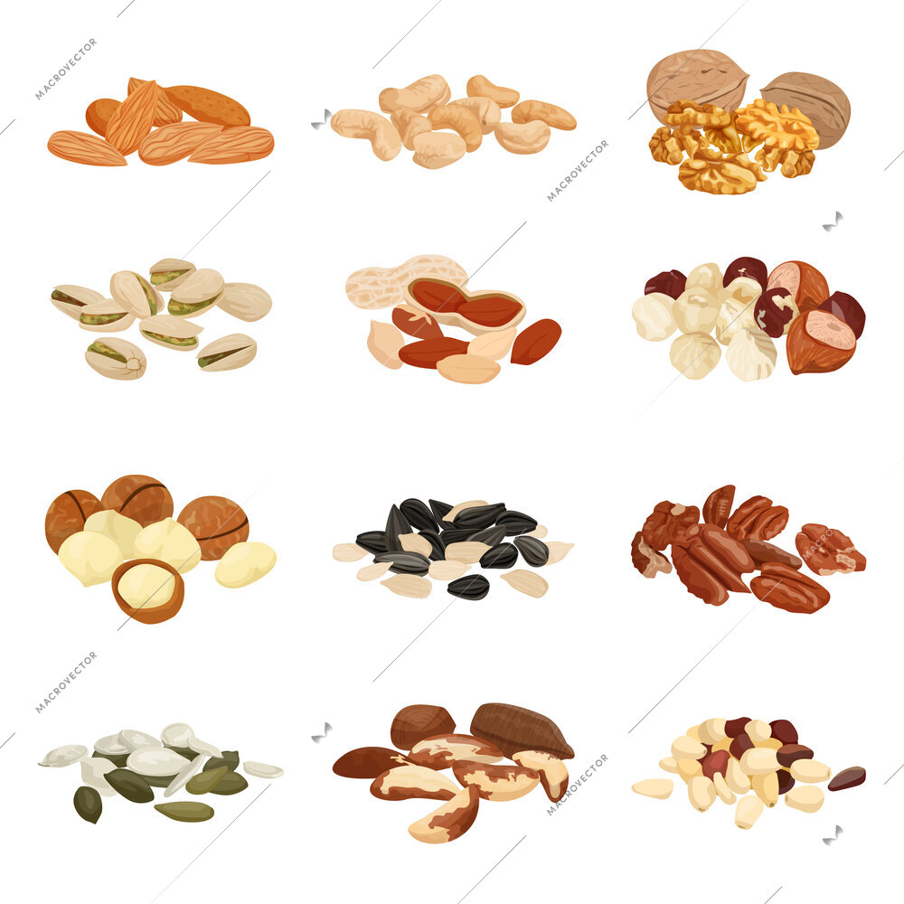 Nuts and seeds flat set with isolated images of piles with various nuts on blank background vector illustration