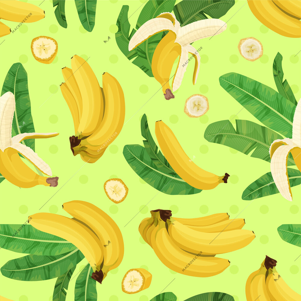 Banana flat composition with square pattern and set of palm leaves fruits and slices of banana vector illustration