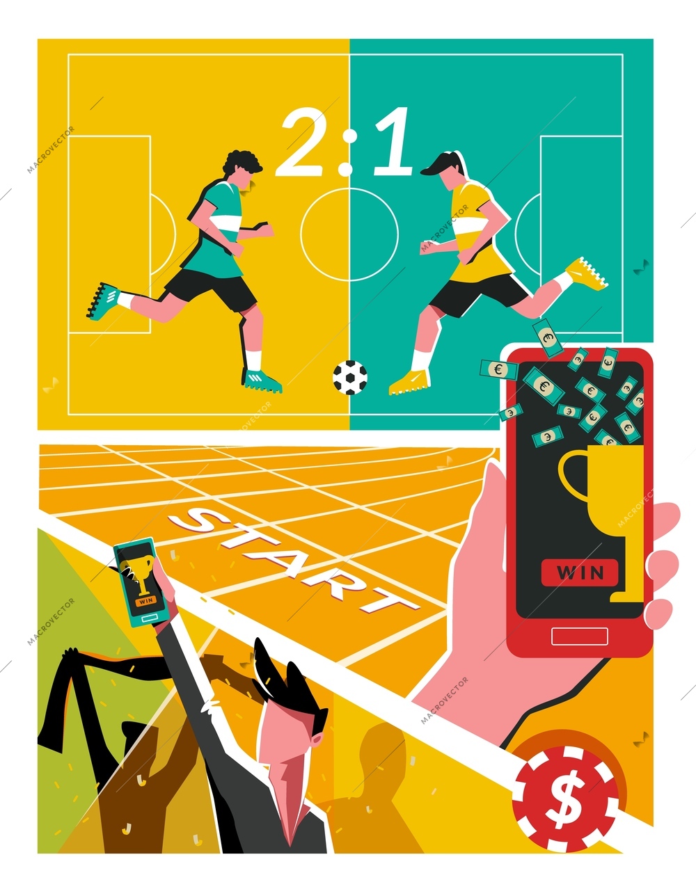 Betting sports flat collage composition with view of football field with players and supporters with smartphone vector illustration