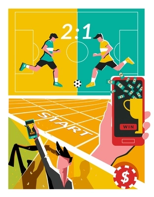 Betting sports flat collage composition with view of football field with players and supporters with smartphone vector illustration