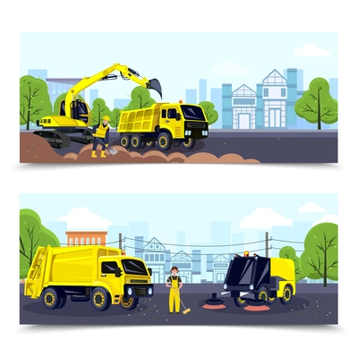 Municipal service horizontal flat banners set with city cleaning transport and workers isolated vector illustration