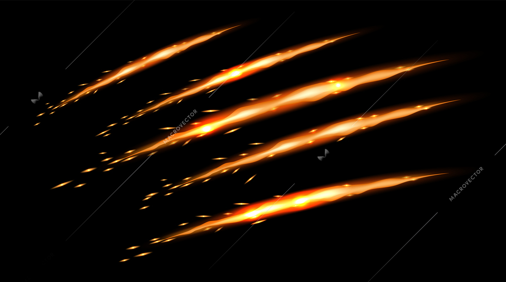 Glowing fire scratches texture on black background realistic vector illustration