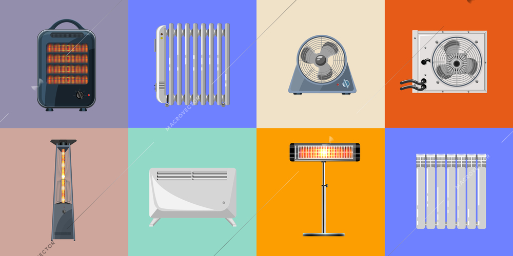 Heaters set in flat style with various house and outdoor heating appliances on color background isolated vector illustration