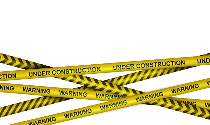 Warning under construction yellow striped signal tapes realistic composition against white background vector illustration