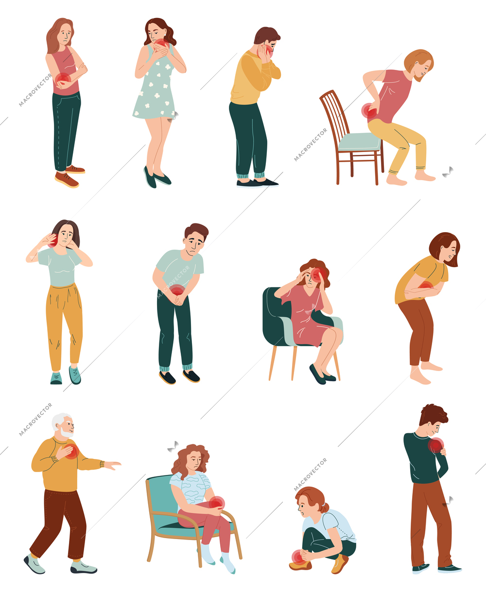 Physical pain and injury flat icon set of isolated human characters having various kinds of pain vector illustration