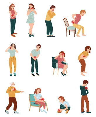 Physical pain and injury flat icon set of isolated human characters having various kinds of pain vector illustration