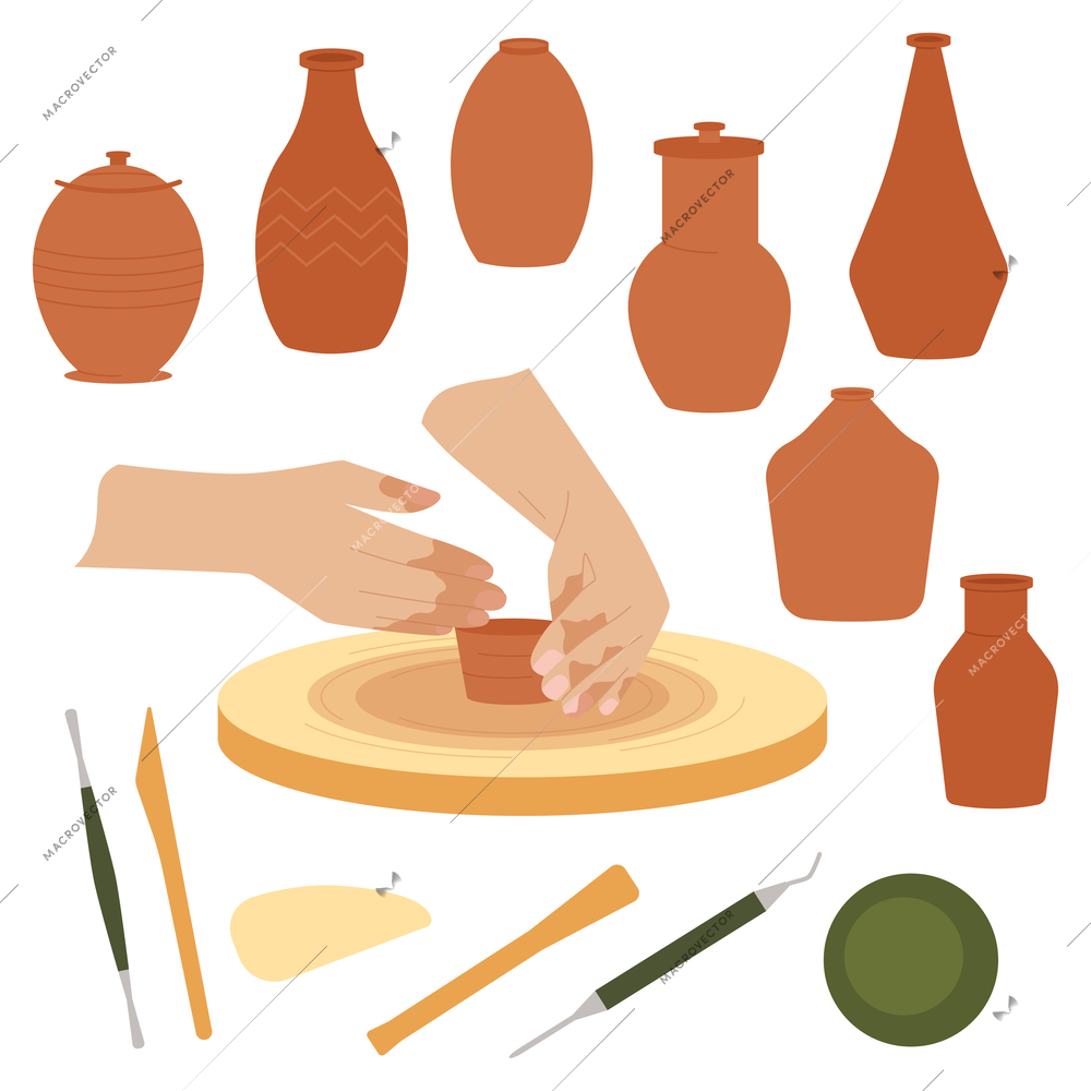 Hands craft flat composition with set of isolated icons with pottery routine tools and handmade products vector illustration