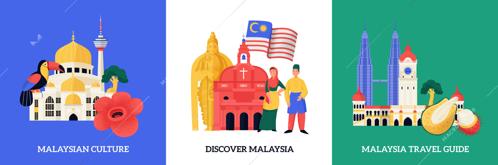 Malaysia travel concept flat set with local culture symbols isolated vector illustration